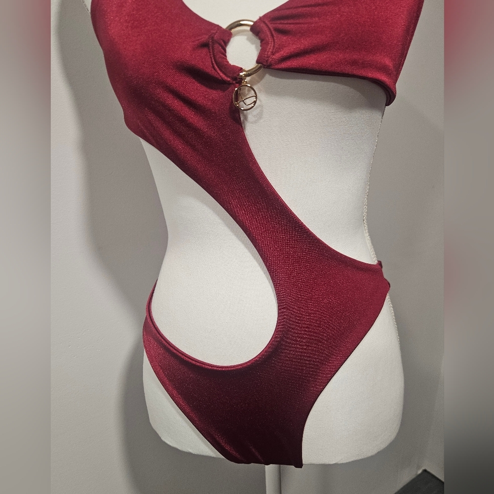 ALESSI SWIM Metallic Burgundy Cut-Out Monokini Gold Ring Detail Womens Size L - Picture 3 of 8